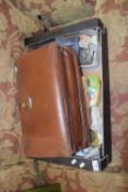 BROWN LEATHER CASE AND BOX OF VARIOUS ASSORTED SUNDRIES