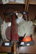 BOX OF MIXED ITEMS TO INCLUDE OSTRICH FEATHER FANS, VARIOUS JUGGLING BALLS, VINTAGE INHALER ETC