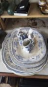 COLLECTION OF VICTORIAN BLUE AND WHITE MEAT PLATES TOGETHER WITH A PAIR OF SMALL CONTINENTAL FIGURAL