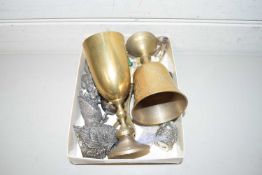 BOX OF VARIOUS ASSORTED SMALL ORNAMENTS, BRASS GOBLETS ETC