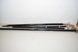 FOUR VARIOUS WALKING STICKS TO INCLUDE WHITE METAL MOUNTED EXAMPLES