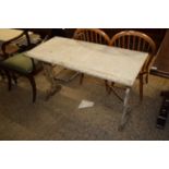 CAST BASED GARDEN TABLE WITH WHITE MARBLE TOP, 1115 CM WIDE, THE MARBLE IS LIKELY REPLACEMENT FROM A