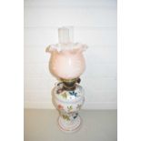 VICTORIAN OIL LAMP WITH FRILLED GLASS SHADE AND FLORAL DECORATED BODY