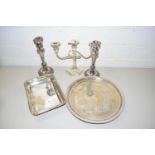 MIXED LOT: SILVER PLATED CANDLEABRA, SERVING TRAY AND FURTHER CANDLESTICKS