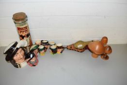 MIXED LOT: VARIOUS ROYAL DOULTON AND OTHER CHARACTER JUGS, MINIATURE BELLOWS, WOODEN TOADSTOOLS ETC