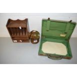 MIXED LOT: SMALL GREEN STATIONERY CASE, A SMALL WOODEN CASE AND A DESK BAROMETER AND THERMOMETER (