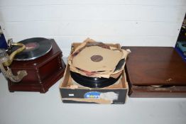 VINTAGE HEXAGONAL HARDWOOD CASED GRAMOPHONE TOGETHER WITH A QUANTITY OF 78 RPM RECORDS