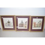 SET OF THREE COLOURED PRINTS, CONTINENTAL STREET SCENES