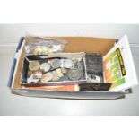 BOX OF VARIOUS MIXED ITEMS TO INCLUDE VARIOUS COMMEMORATIVE MEDALS, ASSORTED EPHEMERA, AA BADGE ETC