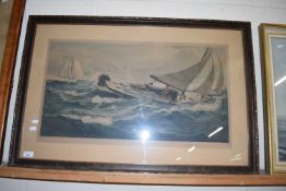 CHARLES NAPIER HENRY COLOURED PRINT "YOUTH - NOT RACING ROUNDING THE BUOY", FRAMED AND GLAZED