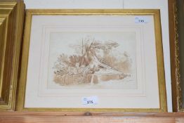 British School, 20th century, a study of a woodland scene with flowing water trough, sepia