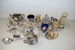 MIXED LOT: VARIOUS ASSORTED SILVER PLATED TABLE WARES, CRUET STAND, TEA WARE ITEMS ETC