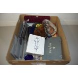 BOX OF VARIOUS ASSORTED MIXED ITEMS TO INCLUDE LETTER RACKS, MODERN BOTTLE OPENER, PRESENTATION TRAY