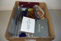 BOX OF VARIOUS ASSORTED MIXED ITEMS TO INCLUDE LETTER RACKS, MODERN BOTTLE OPENER, PRESENTATION TRAY