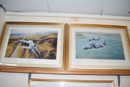 ROBERT TAYLOR "SEA HARRIER AND AIR STRIKE OVER WEST FALKLAND", COLOURED PRINT SIGNED BY N D WARD,