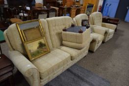 MODERN FOUR PIECE LOUNGE SUITE COMPRISING TWO SEATER SOFA, PAIR OF ARMCHAIRS AND FOOTSTOOL