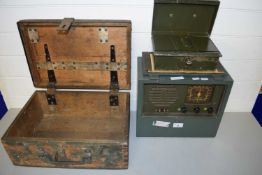 MIXED LOT: VINTAGE SHORTWAVE RADIO TOGETHER WITH A CASH TIN AND A FURTHER MILITARY BOX (3)