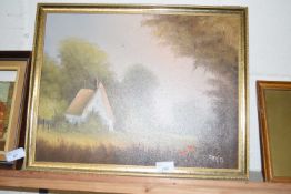 British school (20th century), A cottage in a woodland landscape, oil on board, indistinctly signed,