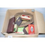 BOX OF MIXED ITEMS TO INCLUDE VARIOUS VINTAGE TINS, CIGARETTE CASE, MILITARY CAP DATED 1945 ETC