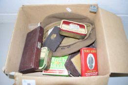 BOX OF MIXED ITEMS TO INCLUDE VARIOUS VINTAGE TINS, CIGARETTE CASE, MILITARY CAP DATED 1945 ETC