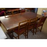 20TH CENTURY RECTANGULAR DRAW LEAF DINING TABLE TOGETHER WITH SIX DINING CHAIRS, THE TABLE IS 183 CM