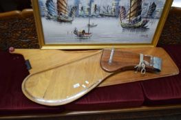 TWO POLISHED WOODEN BOAT RUDDERS, LARGEST IS 130 CM LONG
