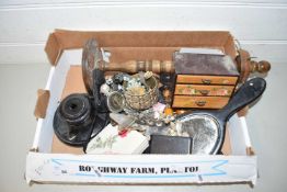 BOX OF VARIOUS MIXED ITEMS, COSTUME JEWELLERY, DRESSING TABLE BRUSH ETC