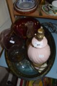 OVAL SERVING TRAY TOGETHER WITH A CROWN DEVON BOWL, VARIOUS GLASS WARES AND A TABLE LAMP