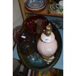 OVAL SERVING TRAY TOGETHER WITH A CROWN DEVON BOWL, VARIOUS GLASS WARES AND A TABLE LAMP