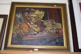 DOROTHIA HYDE STILL LIFE STUDY OF FRUIT AND A FRUIT PEDESTAL VASE AND OTHER ITEMS ON A SIDE TABLE,