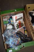 ONE BOX OF VARIOUS ASSORTED PLASTIC CHILDRENS TOYS, MODEL VEHICLES ETC