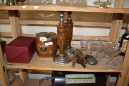 MIXED LOT: OAK BISCUIT BARREL, PAIR OF OAK AND METAL MOUNTED CANDLESTICKS, BABYCHAM GLASSES,