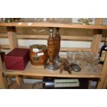 MIXED LOT: OAK BISCUIT BARREL, PAIR OF OAK AND METAL MOUNTED CANDLESTICKS, BABYCHAM GLASSES,