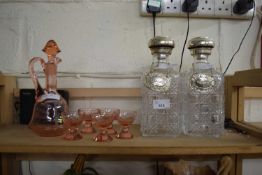 EARLY 20TH CENTURY PINK GLASS LIQUEUR DECANTER AND GLASSES TOGETHER WITH A PAIR OF SILVER PLATED