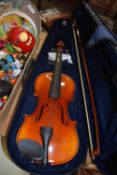 MODERN CASED VIOLIN AND BOW