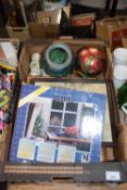 ONE BOX OF MIXED ITEMS TO INCLUDE ASSORTED PICTURES, GLASS VASE, DIANA CANDLE HOLDER ETC