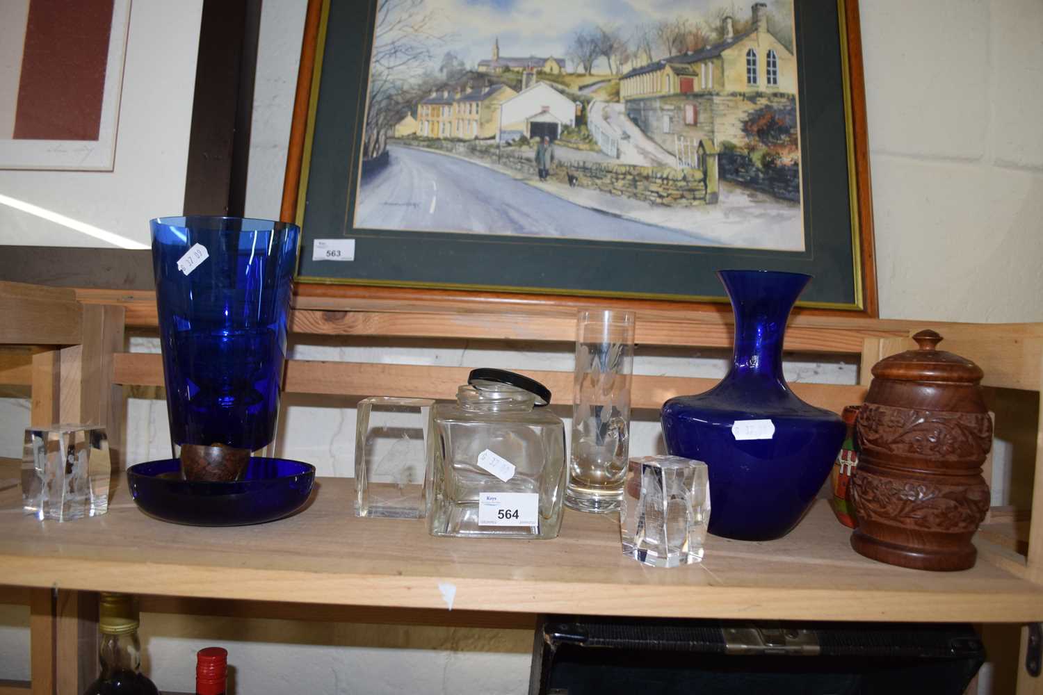MIXED LOT: VARIOUS GLASS VASES, CLEAR GLASS ORNAMENTS, HARDWOOD CONTAINER AND OTHER ITEMS