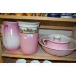 PINK WASH BOWL, JUG AND OTHER RELATED ITEMS