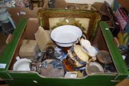 ONE BOX OF VARIOUS ASSORTED CERAMICS, DECORATED SERVING TRAY, CAMERA TRIPOD ETC