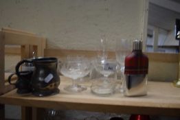 MIXED LOT: GLASS WARES, SMALL PEWTER MEASURES, MODERN HIP FLASK ETC