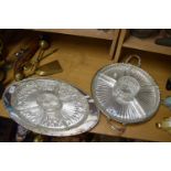 TWO SILVER PLATE MOUNTED AND CLEAR GLASS HORS D'OEUVRES DISHES