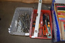 TWO BOXES OF VARIOUS TOOLS, SPANNERS, ETC