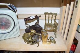 MIXED LOT: VARIOUS BRASS ORNAMENTS AND A VINTAGE BOX IRON