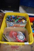 BOX OF VARIOUS TOY FARM EQUIPMENT, VARIOUS PLASTIC FIGURES, VINTAGE VIEW MASTER WITH CARDS