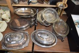 MIXED LOT: SILVER PLATED SERVING DISHES, SUGAR CASTERS AND OTHER ITEMS
