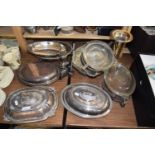 MIXED LOT: SILVER PLATED SERVING DISHES, SUGAR CASTERS AND OTHER ITEMS