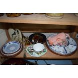 MIXED LOT: HORS D'OEUVRES DISH, VARIOUS CERAMICS, ASSORTED ORNAMENTS, BOOK ENDS ETC