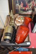 BOX OF MIXED ITEMS TO INCLUDE BRASS CASED CLOCK, SOUP TERRINE AND OTHER ITEMS