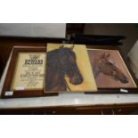 TWO CONTEMPORARY OIL ON CANVAS STUDIES OF HORSES AND A REPRODUCTION JESSE JAMES REWARD POSTER