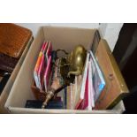 BOX OF VARIOUS MIXED ITEMS TO INCLUDE BRASS KETTLE, FIRE BELLOWS, VARIOUS MAPS AND OTHER ITEMS
